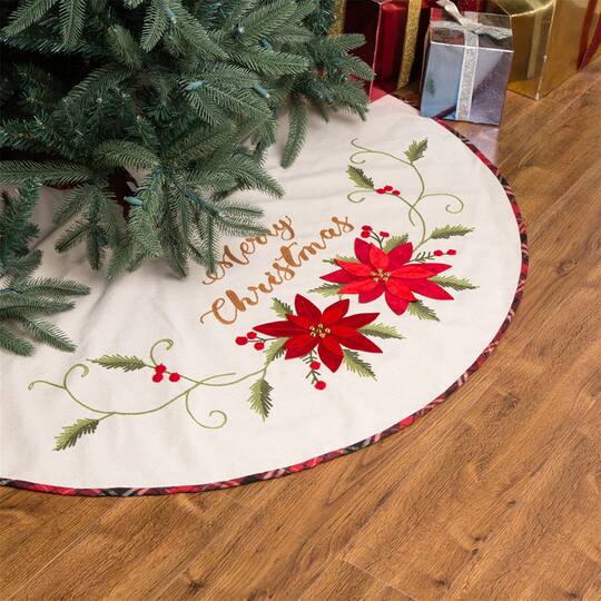 SDSQ HOME Vintage Poinsettia Flowers Traditional Christmas Tree Skirt 35.5 Inch Holiday Party Decoration